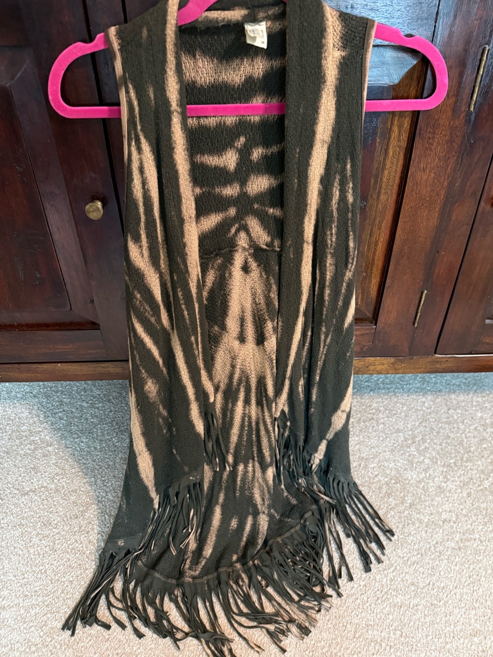 Women’s Boho Tie-Dye Fringe Open Front Vest - Black & Taupe Size Medium